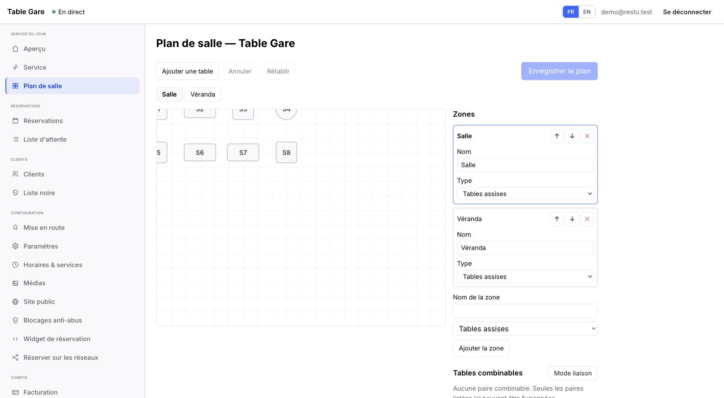 L'éditeur de plan de salle avec tables et zones.